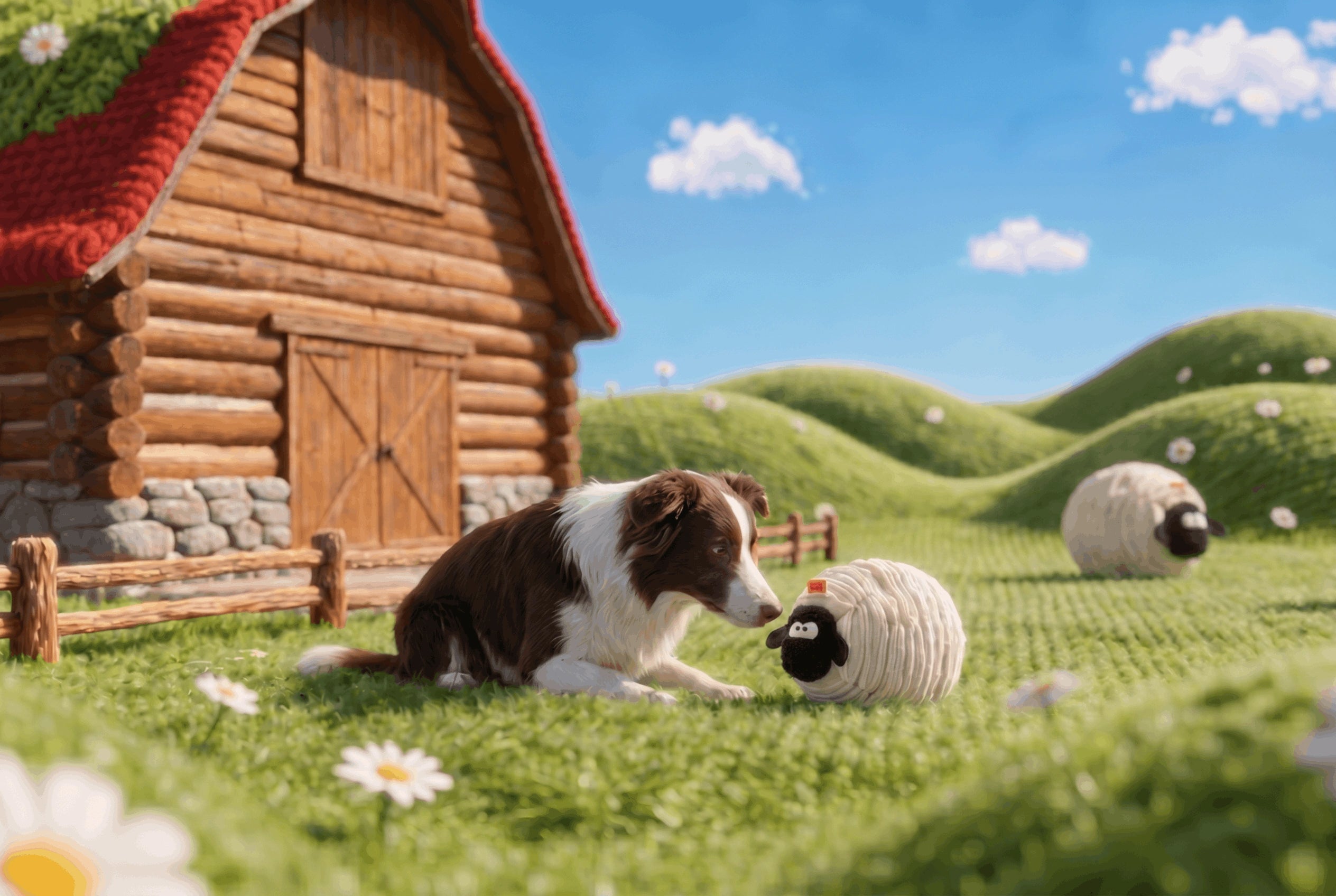 Dog playing with a sheep toy in a pastoral setting with a log cabin and green fields.