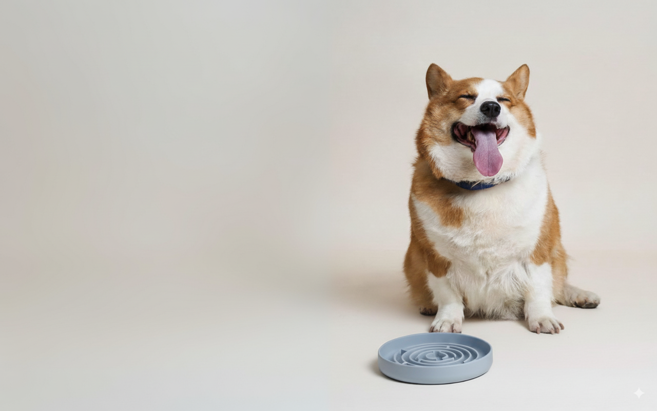 Dog sitting next to a blue pet slow feeder bowl by chonky paws