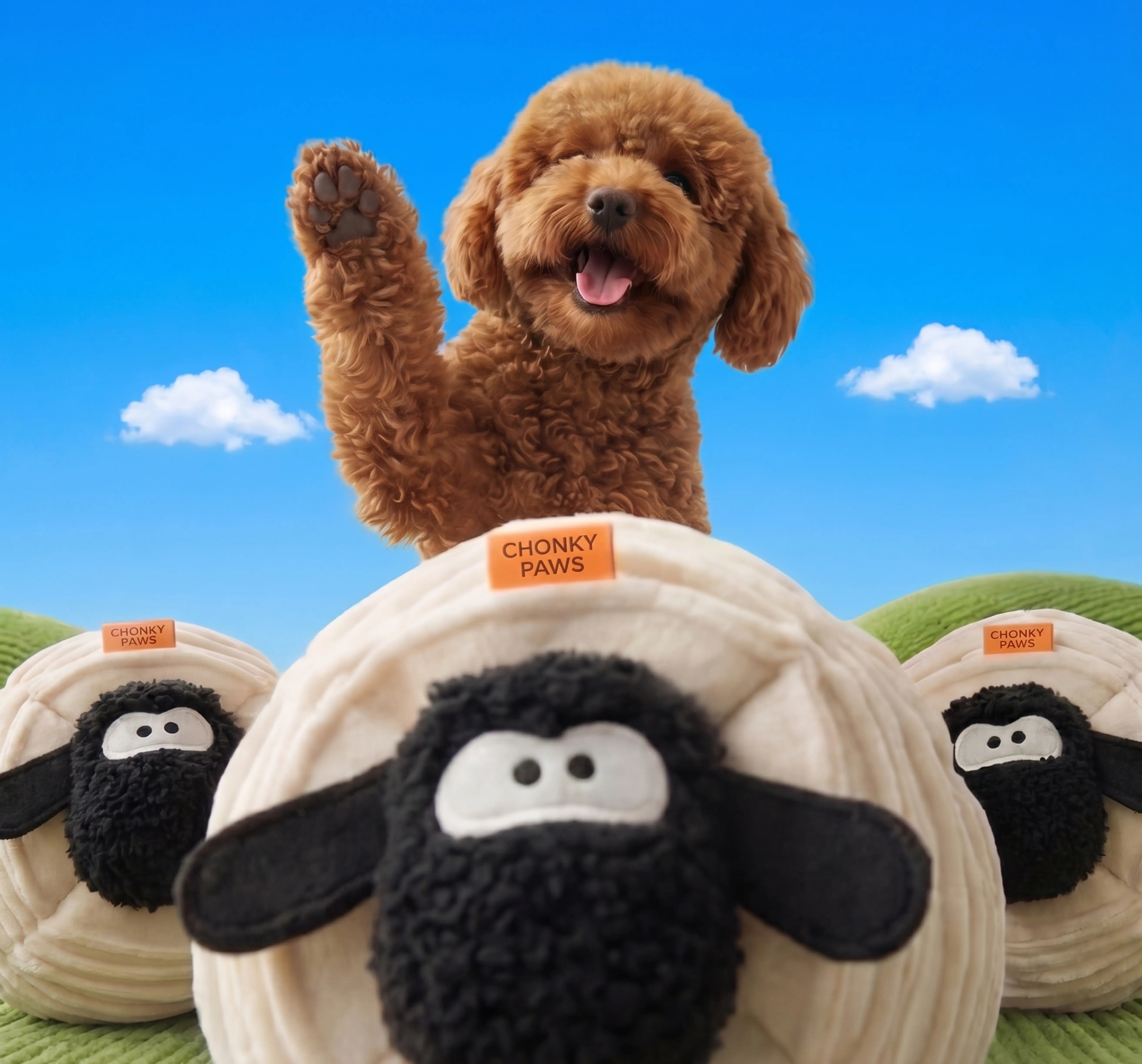 Brown dog with a toy sheep and other sheep toys against a blue sky background