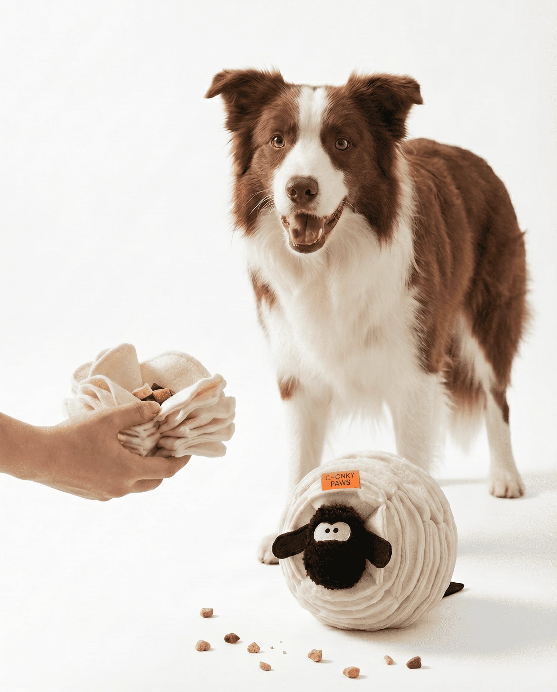 Dog standing next to a sheep-shaped dog toy with a hand holding treats on a white background