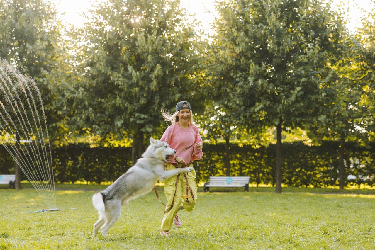 woman playing with her dog in garden smiling chonky paws