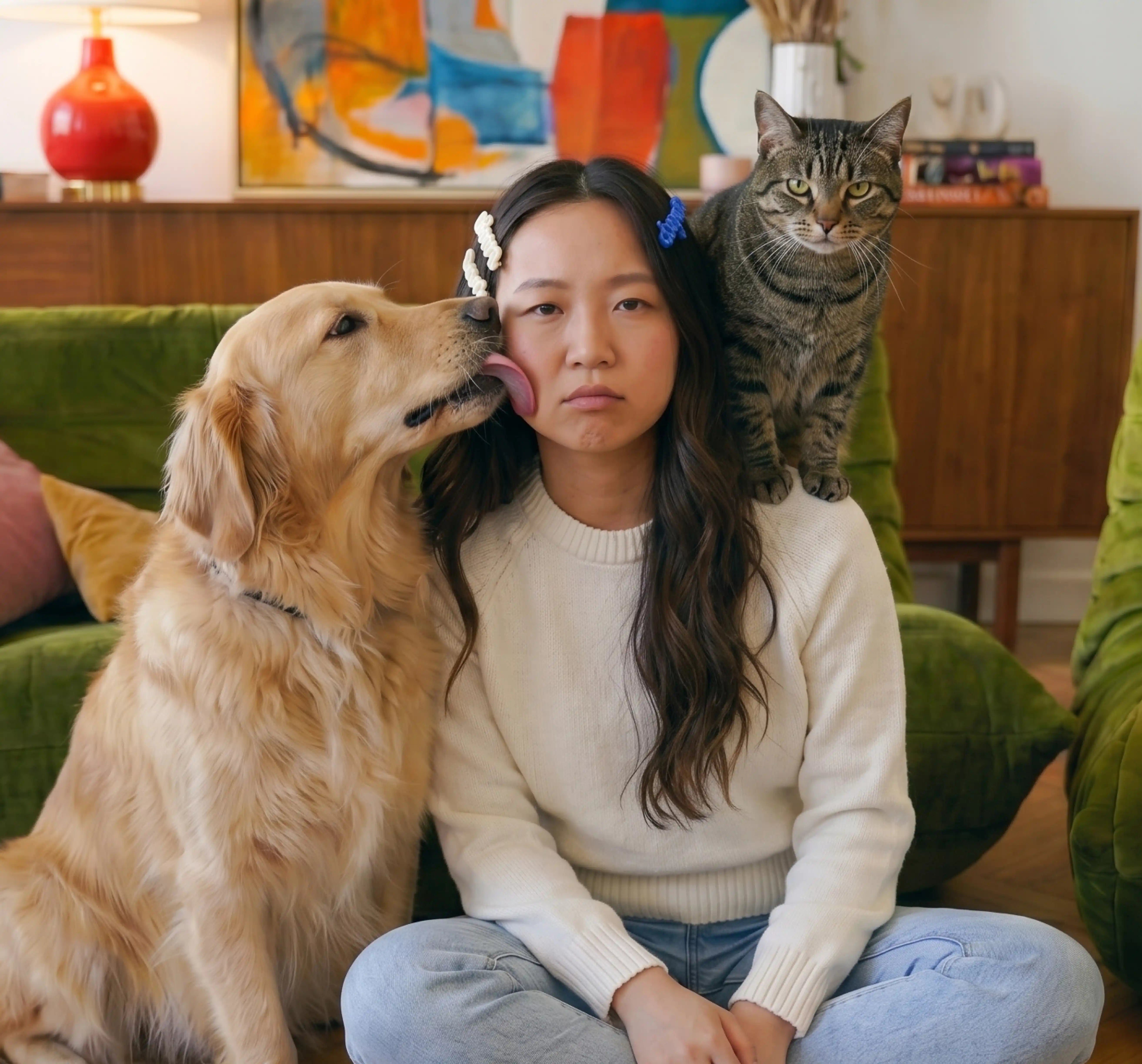 Woman sitting on a green couch with a dog licking her face and a cat on her shoulder, in a cozy living room setting.