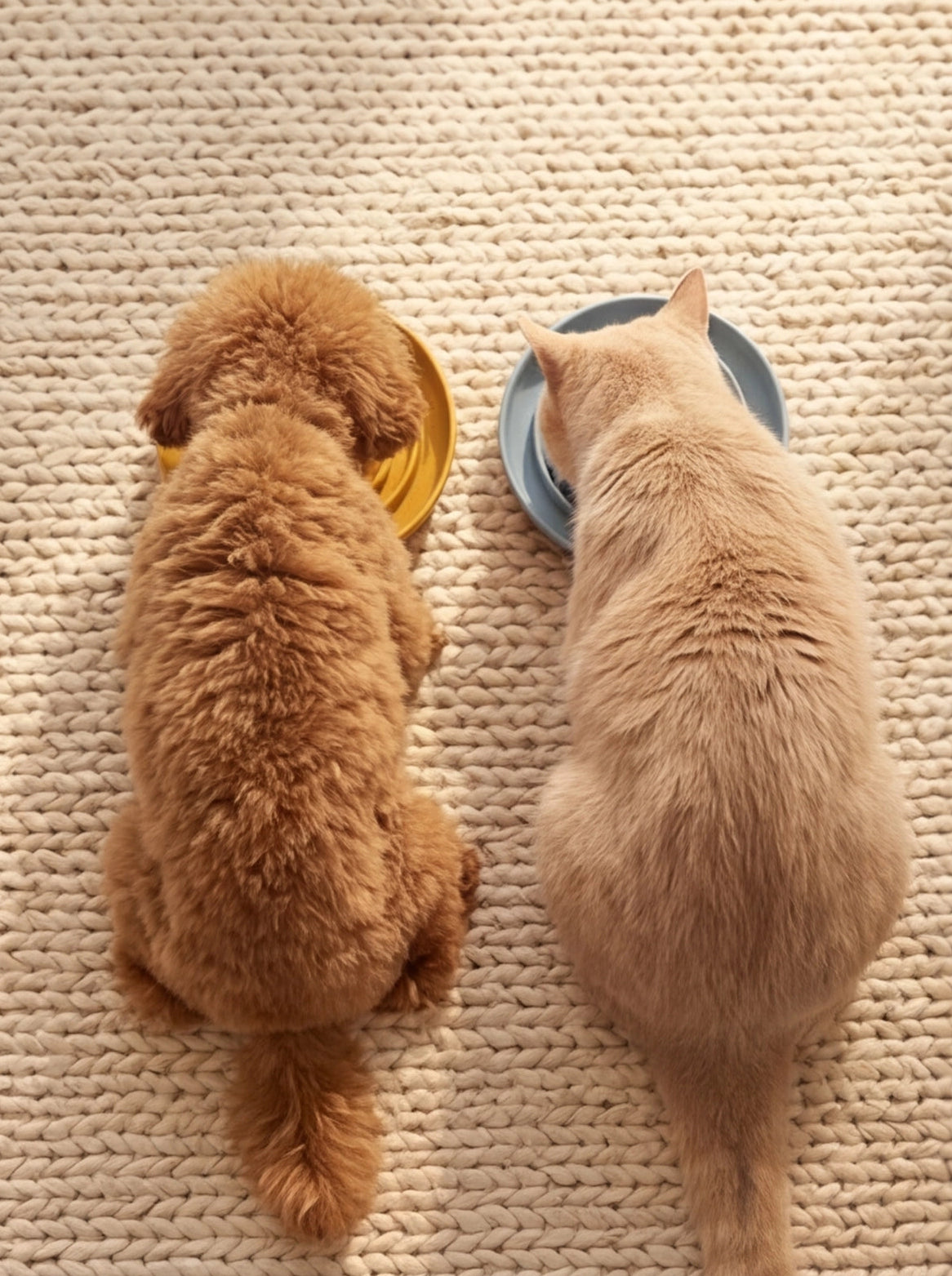 a puppy and a cat, eating from separate bowls on a textured carpet.