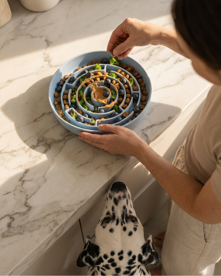 Person preparing food in a spiral-patterned pet bowl on a marble countertop with a dog waiting below.
