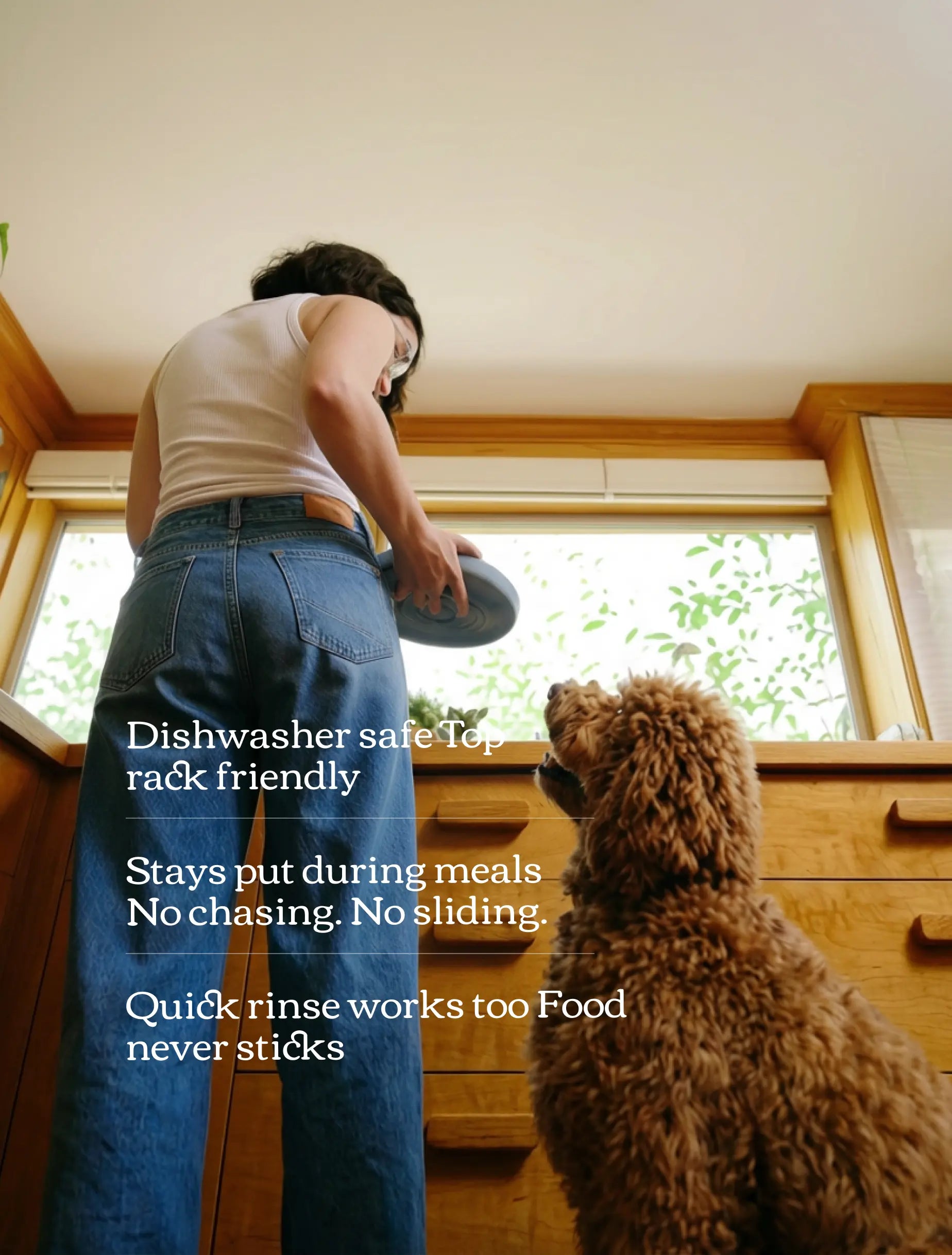 Person and dog in a kitchen setting with text about dishwasher safe top rack friendly products.