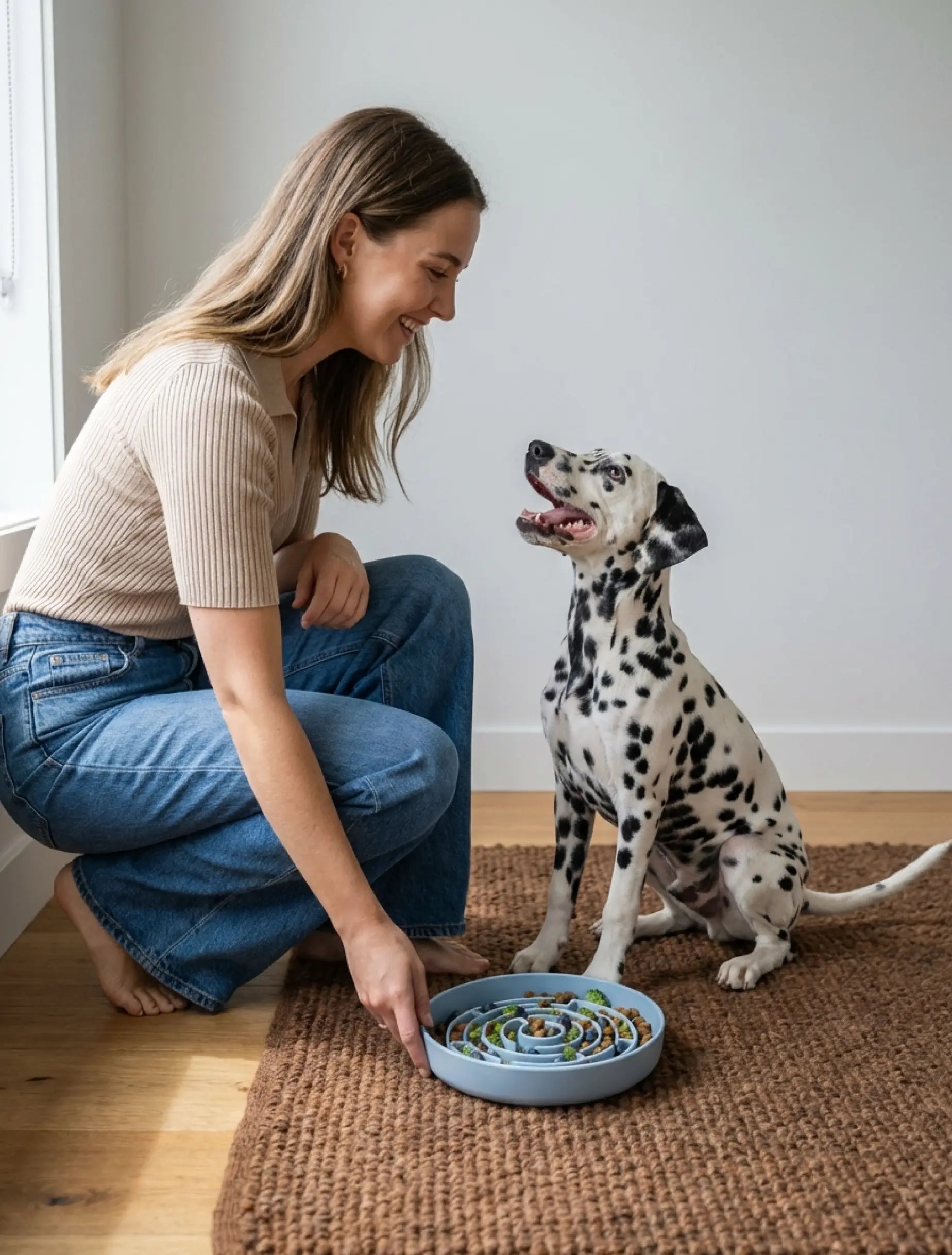 Woman kneeling on the floor with a Dalmatian dog and a blue ceramic bowl.